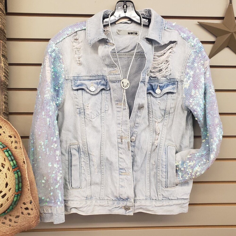 ⚡ Topshop Sequin distressed denim jean jacket size xsmall 2  Moto